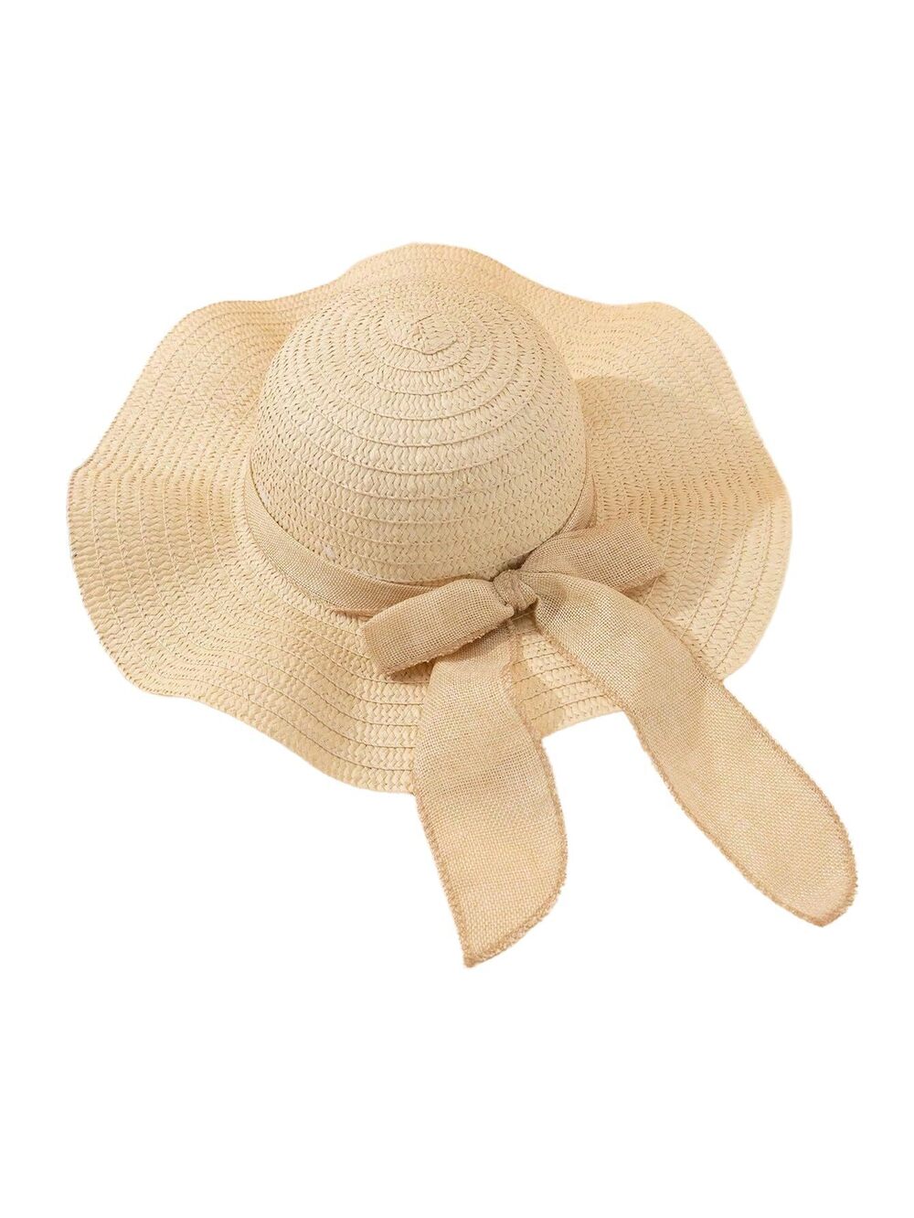 5210 Striped Bow Straw Sun Hat Wide Brim Boho Beach Hats Beige One-Size